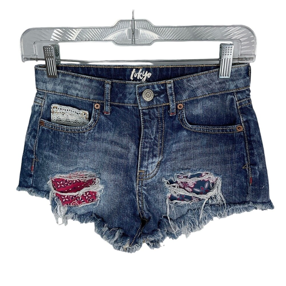 Tokyo Darling Cut Off Shorts Womens Blue Denim Distressed Destroyed Size 00